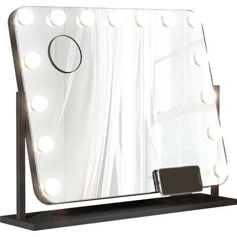 Miroir de maquillage LED 58x46 cm 14 ampoules 3 modes éclairage interrupteur tactile noir (1/5)