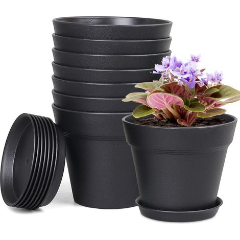 Blumentopf Set 8er Packs 10cm mit Untersetzer Schwarz Hydrokultur Topf (1/5)