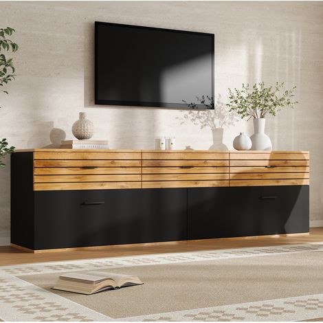 TV-Schrank 168 cm mit 3 Schubladen und 2 Klapptüren, Holzdekor und Schwarz, bis 65 Zoll (1/5)
