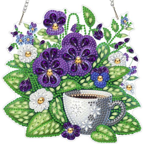 Ornement suspendu Diamond Painting Pensée avec café, kit de bricolage pour décoration de fenêtre