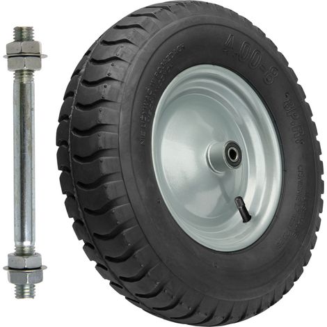Garronda Ersatzrad Schubkarre 4.80/4.00-8 Schubkarrenrad Ø 405 mm Luftreifen 8PR Reifen bis 180 kg mit Achse Stahlfelge Kugellager für Gartenwagen Hof Baustelle GD-0163, Schwarz-Silber