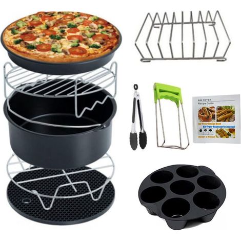 Accessoires de Friteuse à Air Ensemble de 10 Pièces de 7 Pouces Adapté de Air Fryer 5.2 à 5.8 QT. Avec Revêtement Antiadhésif.Lavable en Machine(19.8CM. Noir)