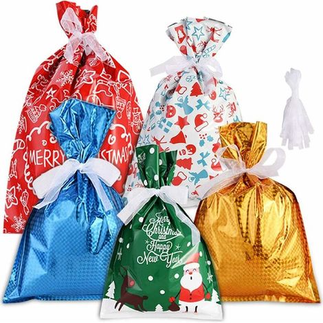 30PCS Christmas Gift Bags, Plastic Christmas Gift Bags with 30 Packing Ribbon for Christmas Decoration and Gift Wrapping (1/5)