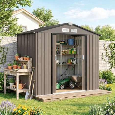 Outsunny Abri de Jardin 2,77m² - Cabane de Rangement de Jardin, Porte Coulissante, Acier, 213x130x185cm, Marron