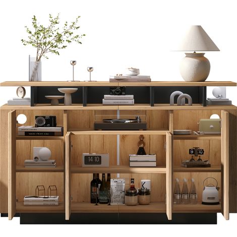 Commode, buffet – avec 4 portes et trois compartiments ouverts – pour salon, entrée ou bureau – naturel, dimensions L140/P40/H85 cm (1/5)