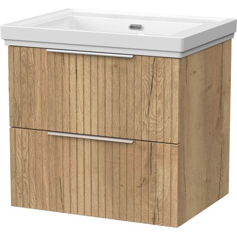 Callingwood Contemporary Wall Hung 2 Drawer Vanity Unit with Traditional 0 Tap Hole Fireclay Basin , 600mm, Autumn Oak
