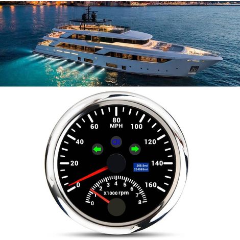 85 mm (3 3/8 Zoll) DC9–32 V Marine-GPS-Tachometer mit Drehzahlmesser (8000 U/min) und Blinkern, kompatibel mit Marine-ATVs. Silberfarbenes Gehäuse, schwarzes Zifferblatt. (1/5)