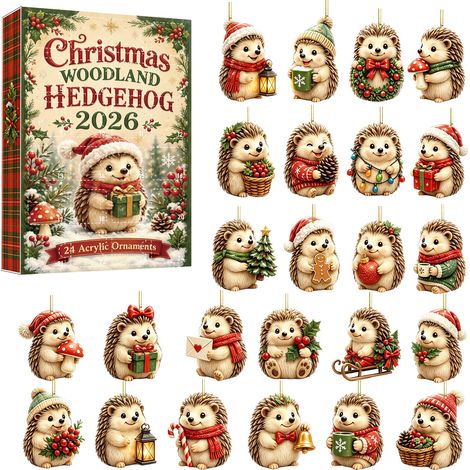 Igel-Adventskalender 2026 – 24-teilig – mehrfarbig – Acryl, 3D – Waldtier-Weihnachtsigel-Design – Hängende Ornamente – Sammelbare Mini-Dekorationen – geeignet für Weihnachtsbaum und Innendekoration (1/5)