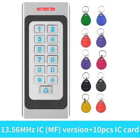 Clavier de contrôle d'accès métallique autonome, étanche IP67, pour extérieur, 10-24 V CC, lecteur de cartes RFID 125 kHz / 13,56 MHz, codeur Digitcode A6-MF-W, lot de 10 clés (1/5)