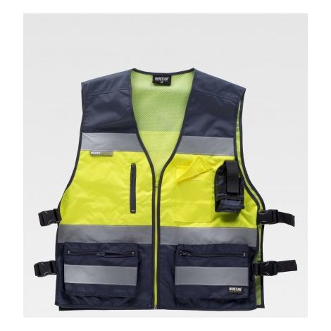 Chaleco fluor con ajustes laterales y bolsillo trasero WORKTEAM C3602 U Marino+Amarillo A.V.
