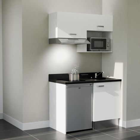 Kitchenette K02L - 120 cm - plan monobloc évier intégré Nero- évier à droite - Façades Blanc + Electroménager inclus coloris Inox