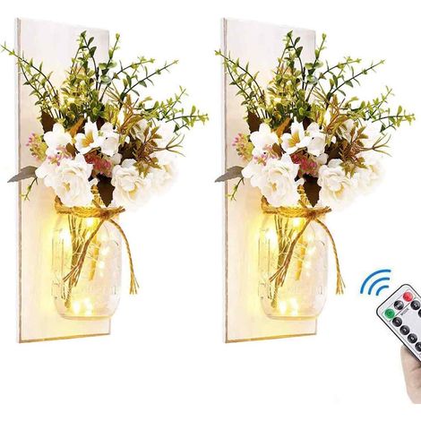 Apliques de pared rústicos grises con tarros Mason para decoración de interiores, tarros Mason decorativos y elegantes con tira LED, hortensias de seda y ganchos de hierro para la decoración del hogar