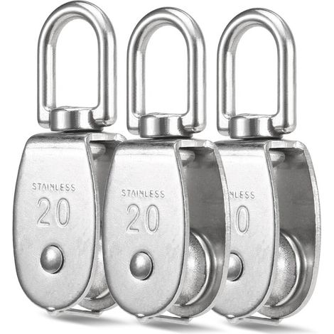 Set di 3 pulegge di sollevamento monoruota in acciaio inox per carichi pesanti, modello: M20 (1/4)