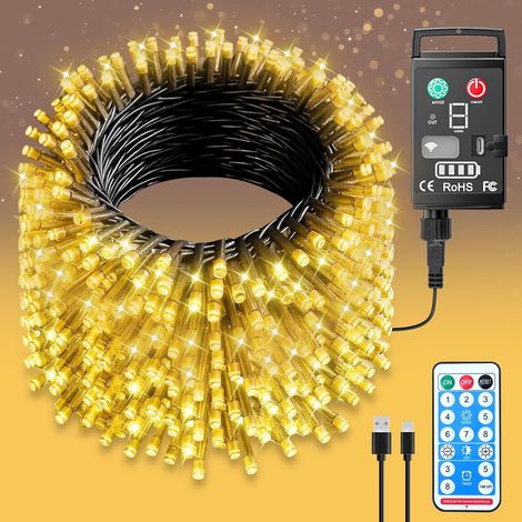 Guirlande Lumineuse à Pile Rechargeables Intérieur Extérieur LED 20M 200 LED avec Télécommande et Minuterie, 8 Modes d'Éclairage Étanche IP44 pour Décoration Maison, Noel, Jardin, Camping