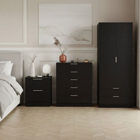 Trega 3pc Bedroom Furniture Set – 2 Drawer Bedside, 5 Drawer Chest & 2 Door Wardrobe, Black