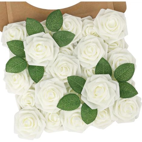 Fleurs Artificielles Roses,25PCS Mousse Rose avec Feuille et Tige Ajustable,Fausses Fleurs Rose pour DIY Mariage Bouquets Jardin, Anniversaire, Fête, Décoration d'intérieur (1/5)
