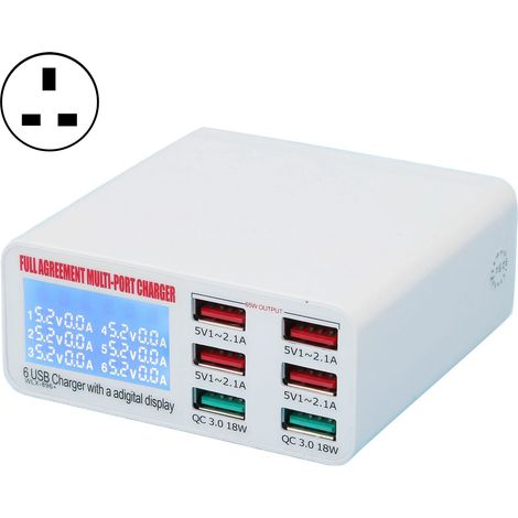 Chargeur mural multiple USB QC3.0 à 6 ports, adaptateur secteur USB à charge rapide avec affichage LED, prise britannique 100-240 V (1/5)