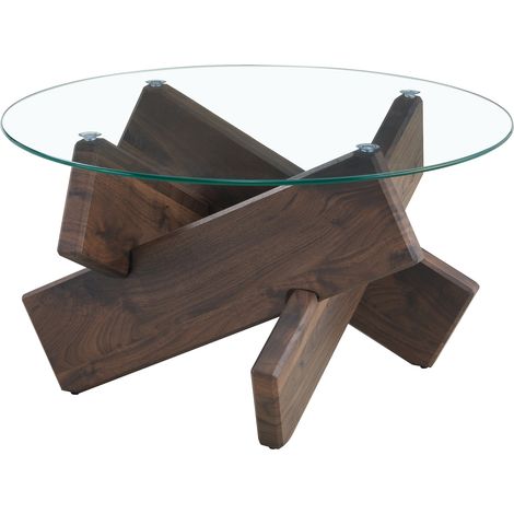 Table basse ronde en MDF et verre, plateau transparent de 79 cm, pied croisé design, style bois foncé, facile à nettoyer, pour salon moderne - CHICFURN (1/5)