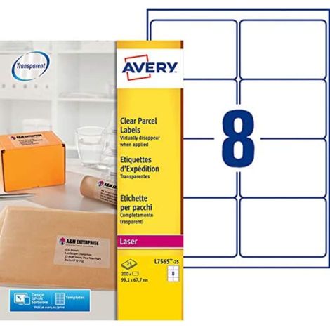 Avery Italia L7565-25 Etichette adesive trasparenti lucide, 25 fogli A4, rettangolari 99,1x67,7mm, 8 etichette per foglio, adesivo permanente, stampanti laser (1/5)