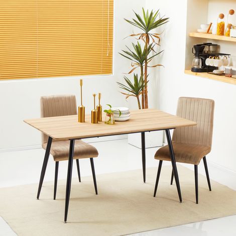 Table à manger 4 personnes rectangulaire avec plateau effet bois et 4 pieds en acier 140 x 80 x 76 cm noir (1/5)