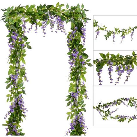 Flores artificiales de seda de 2 metros de largo por pieza，juego de 5，imitación de enredadera de glicinia azul，color morado claro (1/5)