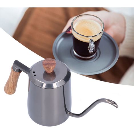 Manuelle Filterkaffeemaschine aus Edelstahl mit Holzoptik, 600 ml Fassungsvermögen, langem Ausguss und schmaler Öffnung, hitzebeständigem Griff, manuellem Kaffeemahlwerk, Heißwasserkanne, grau (1/5)