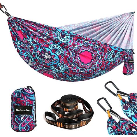 Hamac Ultra-léger de Voyage Camping 300 kg Capacité de Charge,Respirante,Séchage Rapide Hamac(275x140 cm) 2 x Mousquetons de qualités,2 x sangles Inclus Pour Jardin d'interieur/Extérieur