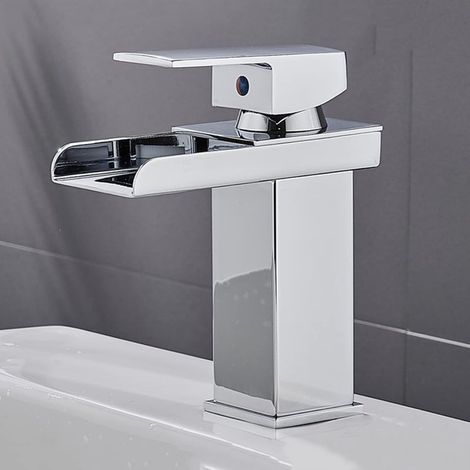 Robinet de salle de bain cascade chromé, robinet de lavabo en acier inoxydable, robinet de lavabo cascade à poignée unique, court (1/5)