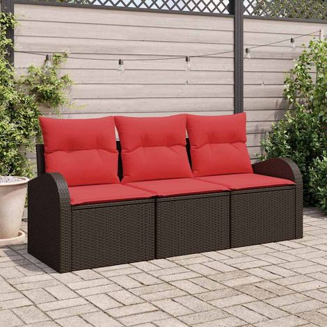 Ensemble de canapé de jardin 3 pcs Marron et rouge Poly rotin vidaXL (1/5)