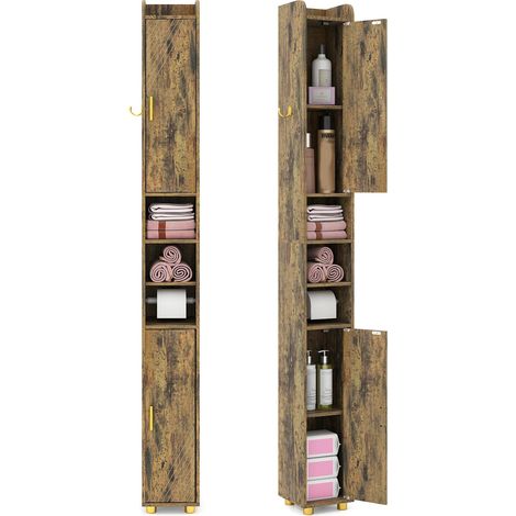 COSTWAY Mobiletto Bagno Salvaspazio 20 x 20 x 179 cm, Armadietto Stretto con 2 Ante, Ripiani Regolabili e Gancio Laterale, Armadio Salvaspazio per Cucina, Ufficio e Soggiorno (Marrone) (1/5)
