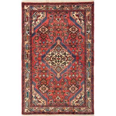 Tapis d'orient 100 x 158 cm, motif oriental en laine, rouge, bleu et crème, pièce artisanale authentique (1/5)
