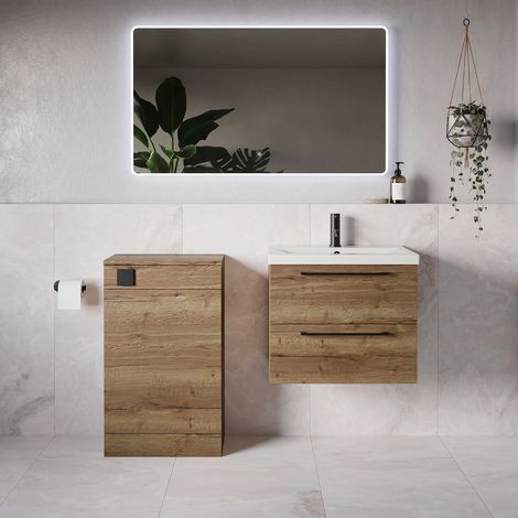 Napoli 390 Tobacco Oak 1100mm Wall Mounted 2 Drawer Vanity Unit and Toilet Suite with Glide Basin - 1100mm - Matt Black 320mm HandleWithout Kingston Toilet Pan