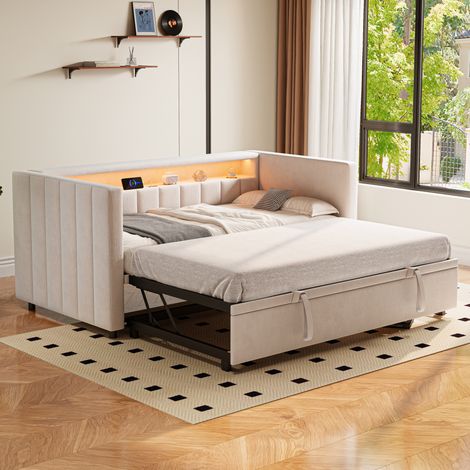 MEUBLIV Lit 90x190 cm beige – gigogne avec LED et USB-C, sans matelas (1/5)