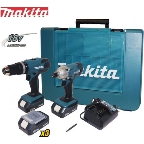 Kit Trapano avvitatore c/percussione + Avvitatore a massa battente c/batteria di riserva 18V Litio Makita - DK18015