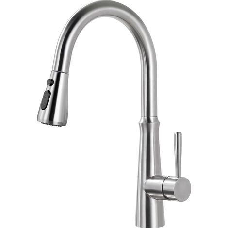Robinet Cuisine, Douchette Extensible Mitigeur,360° d'Évier à Arc Élevé Haute Pression Pulvérisateur 2 Modes de jet d'eau, Nickel brossé