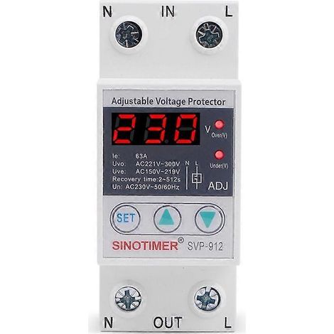 Protecteur de tension réglable 63A 230V 50/60Hz, dispositif de surveillance basse et haute tension pour tableau électrique, protection sur/sous-voltage avec seuil ajustable, mono (1/5)
