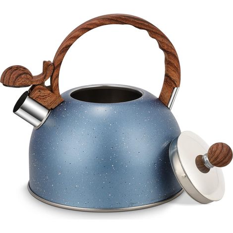 Bouilloire sifflante en acier inoxydable, bouilloire de camping légère, bouilloire avec manche en bois, 2,5 L, bleu (1/5)
