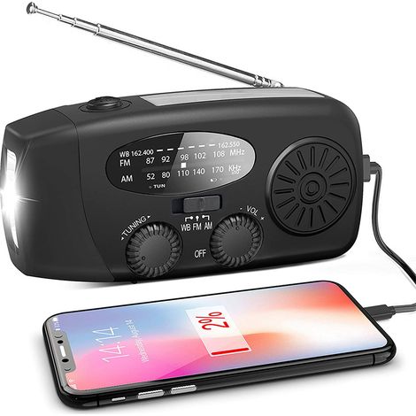 Filiyano – lampe torche solaire – Radio à manivelle intelligente (radio d'urgence), lampe torche solaire, batterie externe noire (1/5)