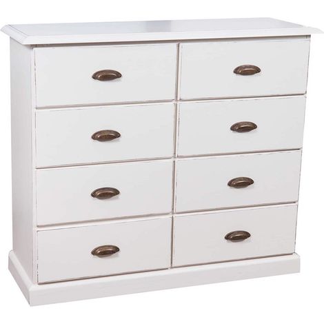 Cassettiera Legno massello Tiglio Bianca Anticata 116x41x100 cm Cassettiera shabby chic Credenza vintage Cassettiera 8 cassetti