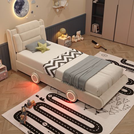 Lit voiture enfant 90x200 cm, lit simple rembourré en velours beige, tête de lit siège réglable 2 hauteurs, roues LED, sommier à lattes (1/5)