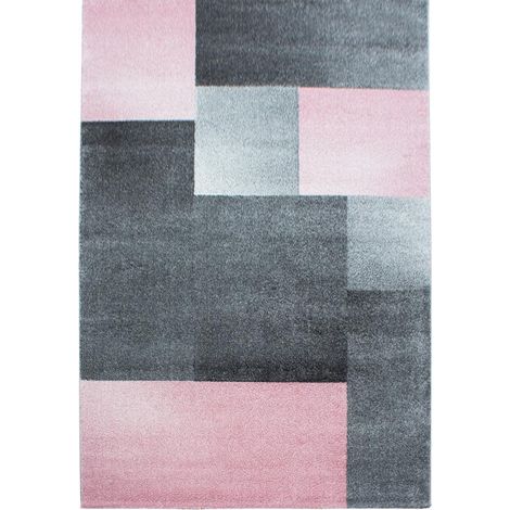 Tapis salon et chambre 140x200 rose et gris rectangle tissé motif géométrique KARLUK (1/5)
