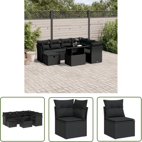 The Living Store Salon de jardin 8 pcs avec coussins noir résine tressée - Ensemble Salon De Jardin - Mobilier De Jardin - Salon Extérieur - Table De Jardin Extensible - Chaise Lounge (1/5)