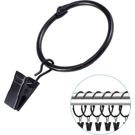 30 Pièces Anneau de Rideau avec Clips, Anneaux de Rideau en Métal Anneaux de Suspension avec Clips pour Rideaux et Tringles, Facile Ouvert et Fermer, 38mm Diamètre Intérieur(Noir) (1/5)