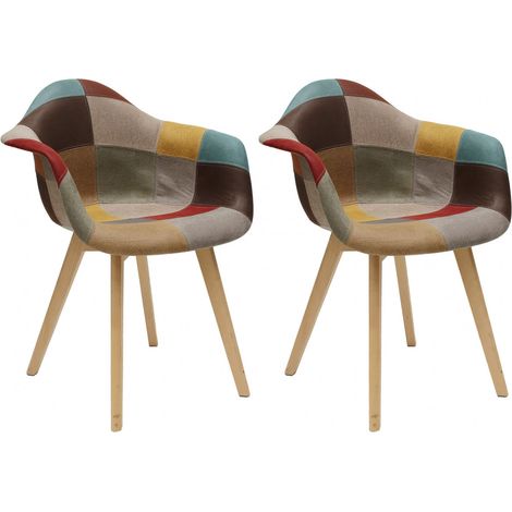 Altobuy – Lot de 2 fauteuils patchwork vintage – Revêtement tissu multicolore – Hauteur d'assise 47 cm – Piétement en hêtre massif (1/5)