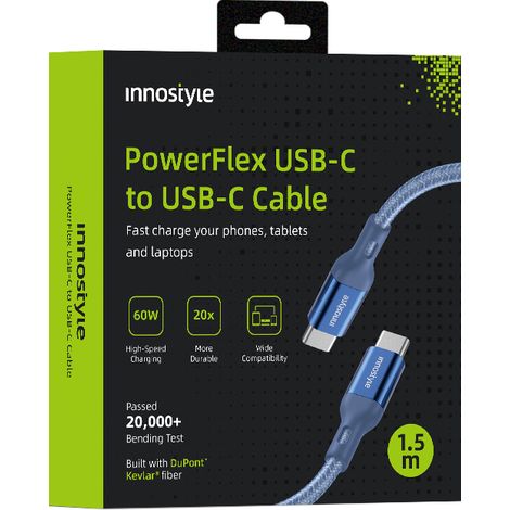 Cable USB-C Innostyle Powerflex de carga rápida para iPhone y Samsung, 3A 60W, Kevlar, 2M, azul (1/5)