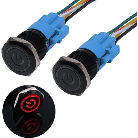 Lot de 2 boutons pression Momentane étanches de 19 mm 12 V à 24 V 3 A avec éclairage LED Boîtier en métal noir pré-câblé pour voiture, bricolage, voiture, moto (rouge) (1/5)