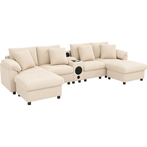 Divano modulare a U e L in ciniglia beige con altoparlante Bluetooth, console e contenitore (1/5)