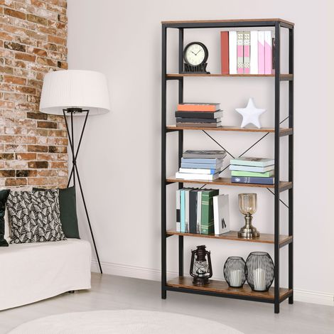 HOMCOM Bücherregal im Retro-Industrie-Stil mit 6 offenen Ablagen für Bücher und Kippsicherung, Aufbewahrungsmöglichkeit für Wohnzimmer oder Büro, 80 x 30 x 180 cm, Rustikales Braun