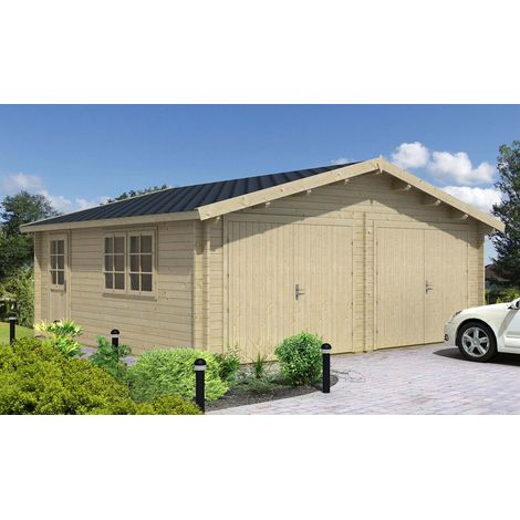 Alpholz Doppelgarage Modell D-44 ISO Garage aus Holz, Unterstellplatz mit 44 mm Wandstärke inklusive Geräteraum Fertiggarage