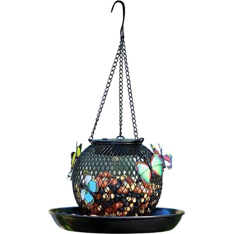 Mangeoire à oiseaux solaire en métal robuste avec filet lumineux ailé pour décoration de jardin (1/4)